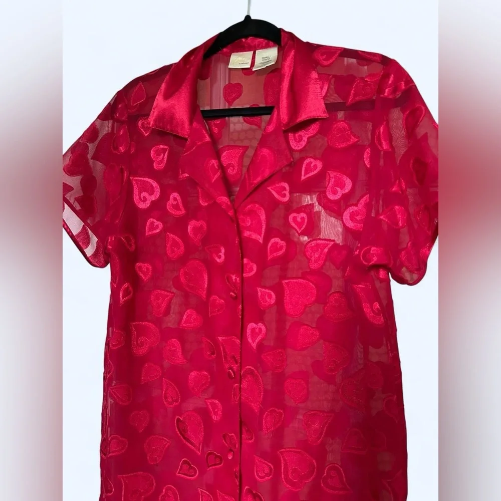 Vintage Sophia Delicates Red heart print sheer button up sleep shirt dress - Picture 3 of 6